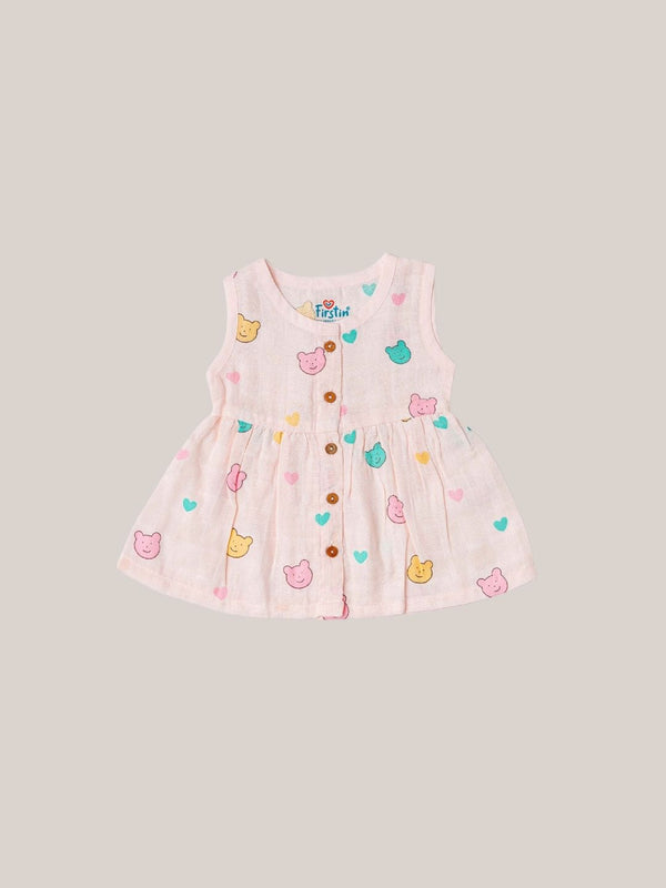 FIRSTIN Muslin Front Open Sleeveless Frock - Salsa Rose Buddy