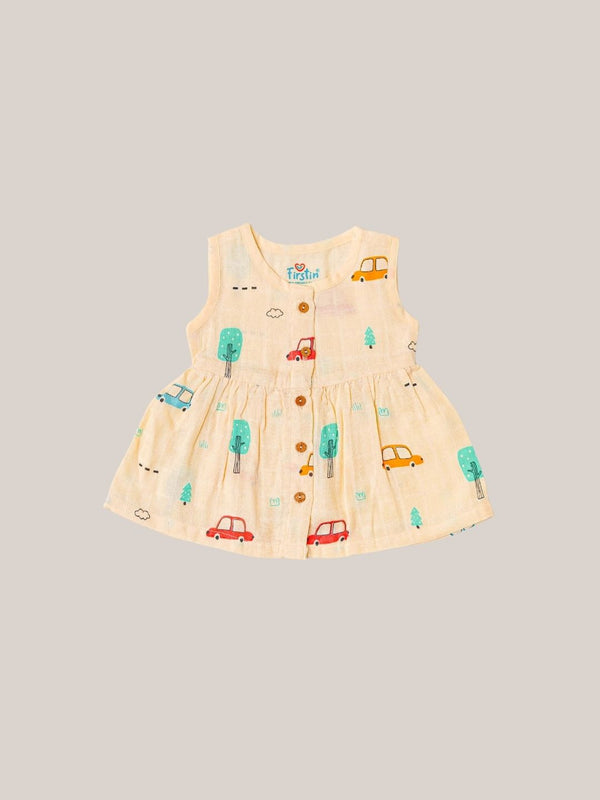 FIRSTIN Muslin Front Open Sleeveless Frock - Vanilla Pine