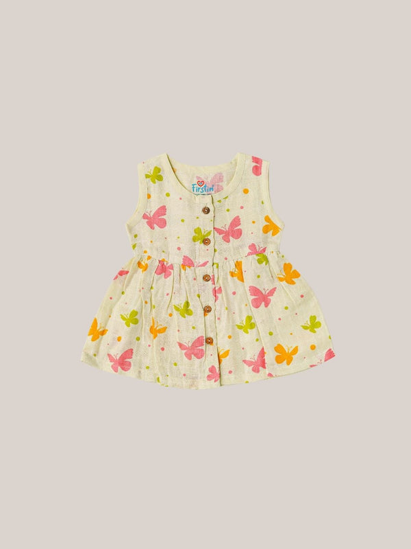 FIRSTIN Muslin Front Open Sleeveless Frock - Aloe Wash Butterfly
