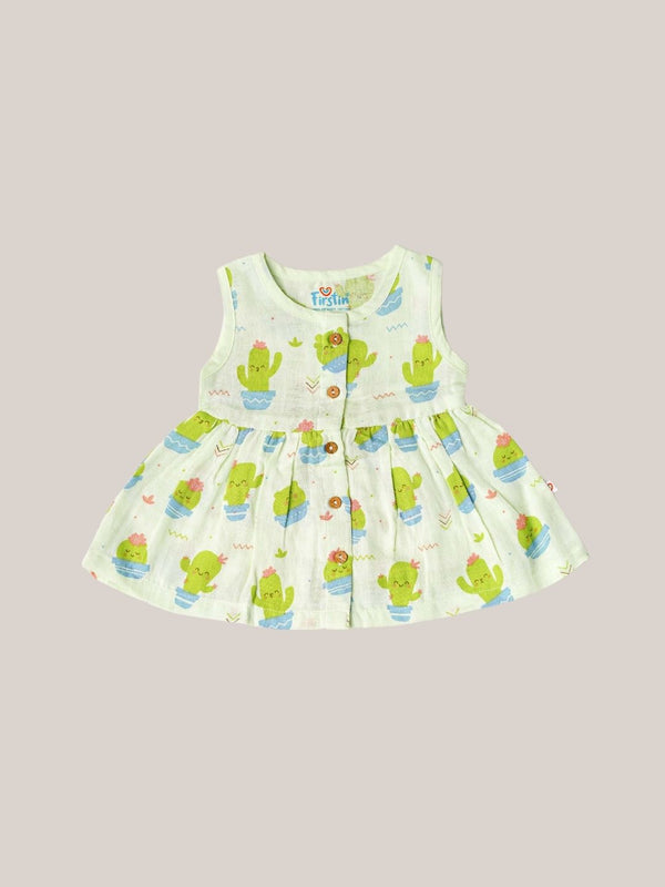 FIRSTIN Muslin Front Open Sleeveless Frock - Fluo Green Cactus