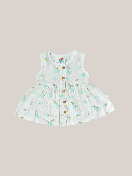 FIRSTIN Muslin Front Open Sleeveless Frock - Frost Dino Crown
