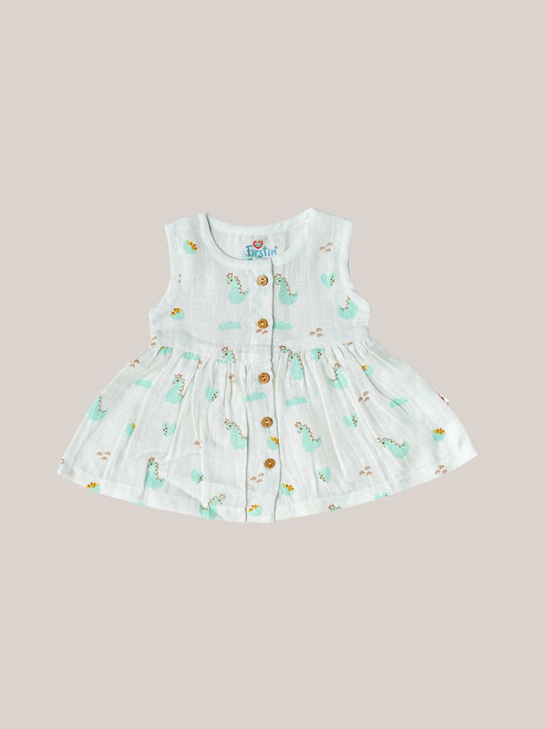 FIRSTIN Muslin Front Open Sleeveless Frock - Frost Dino Crown