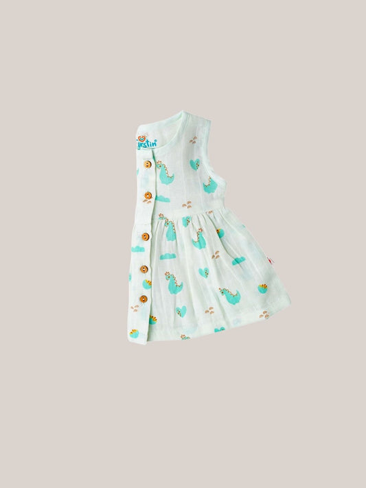 FIRSTIN Muslin Front Open Sleeveless Frock - Frost Dino Crown