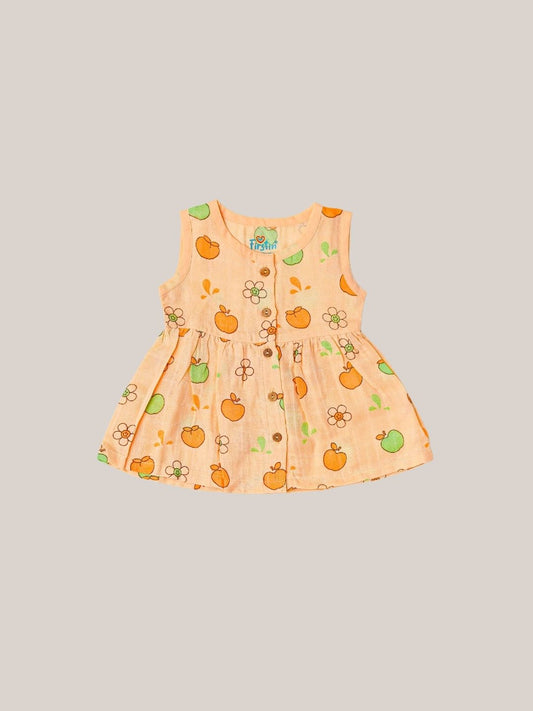 FIRSTIN Muslin Front Open Sleeveless Frock - Apricot Sherbet Fujis