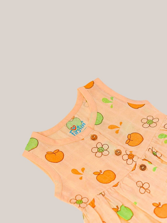 FIRSTIN Muslin Front Open Sleeveless Frock - Apricot Sherbet Fujis