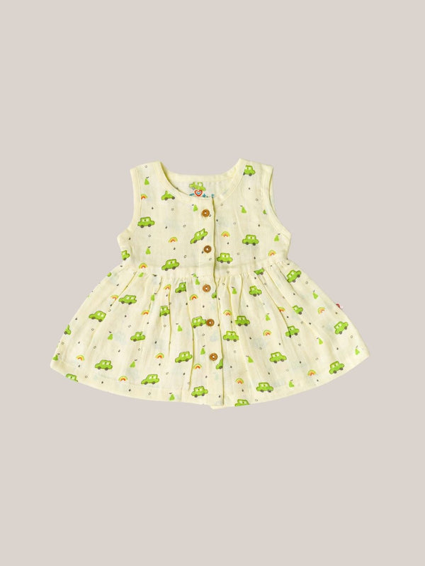 FIRSTIN Muslin Front Open Sleeveless Frock - Lt. Yellow Pears