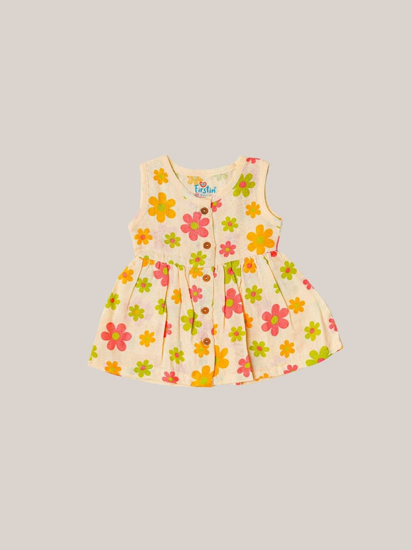 FIRSTIN Muslin Front Open Sleeveless Frock - Vanilla Petals