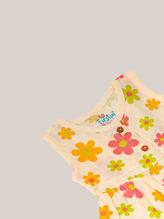 Muslin Front Open Sleeveless Frock - Vanilla Petals