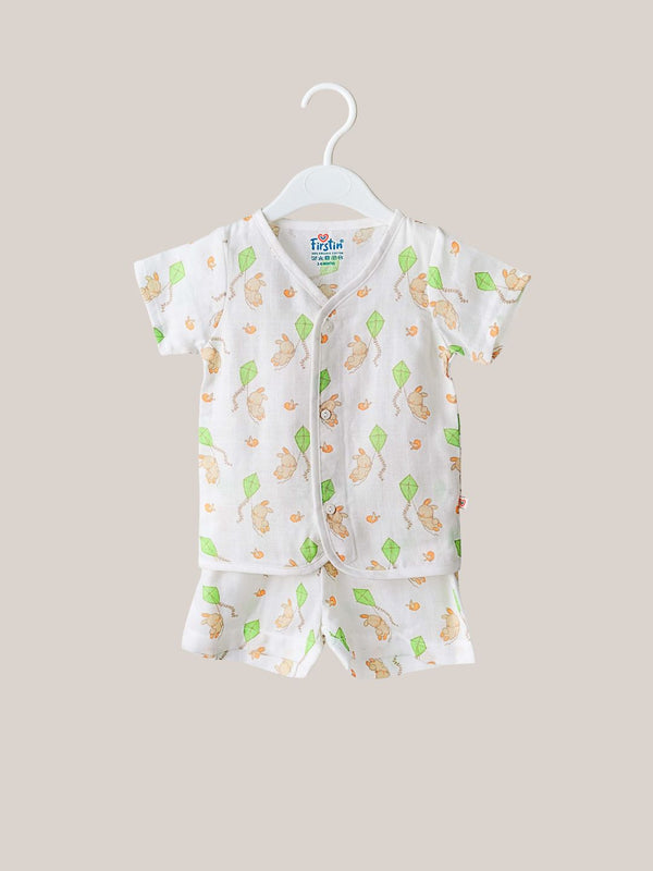 FIRSTIN Vanilla Bunny Kite White Base Muslin Jabla Shorts Set Half Sleeve