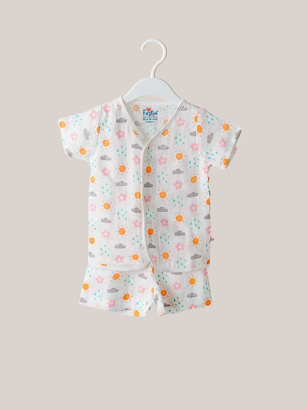 FIRSTIN Salsa Rose Daisy Cloud White Base Muslin Jabla Shorts Set Half Sleeve