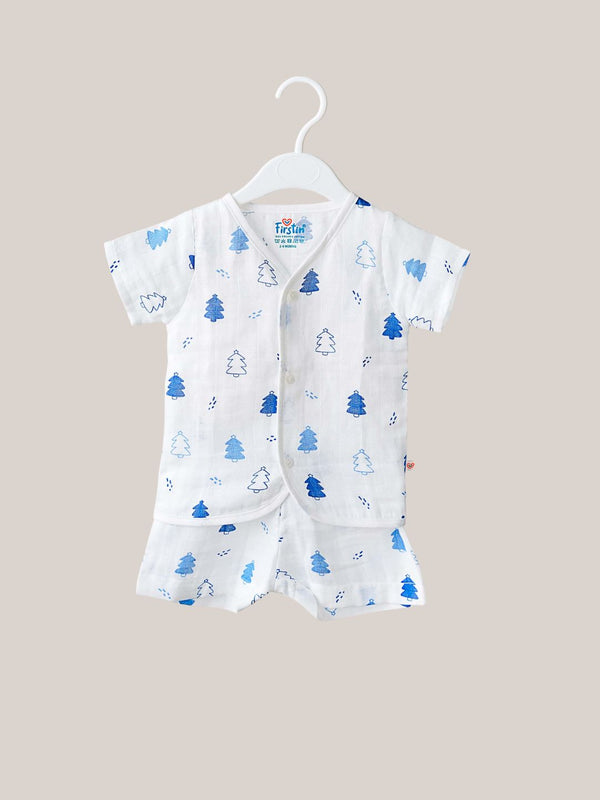 FIRSTIN Blue Fir Tree White Base Muslin Jabla Shorts Set Half Sleeve