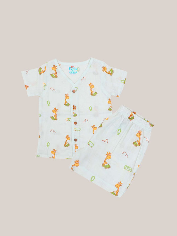 FIRSTIN Frost Joyous Giraffe Printed Muslin Jabla Shorts Set Half Sleeve