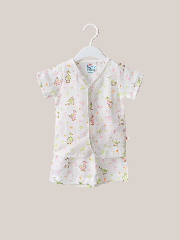 FIRSTIN Lime Cream Runner Duck White Base Muslin Jabla Shorts Set Half Sleeve