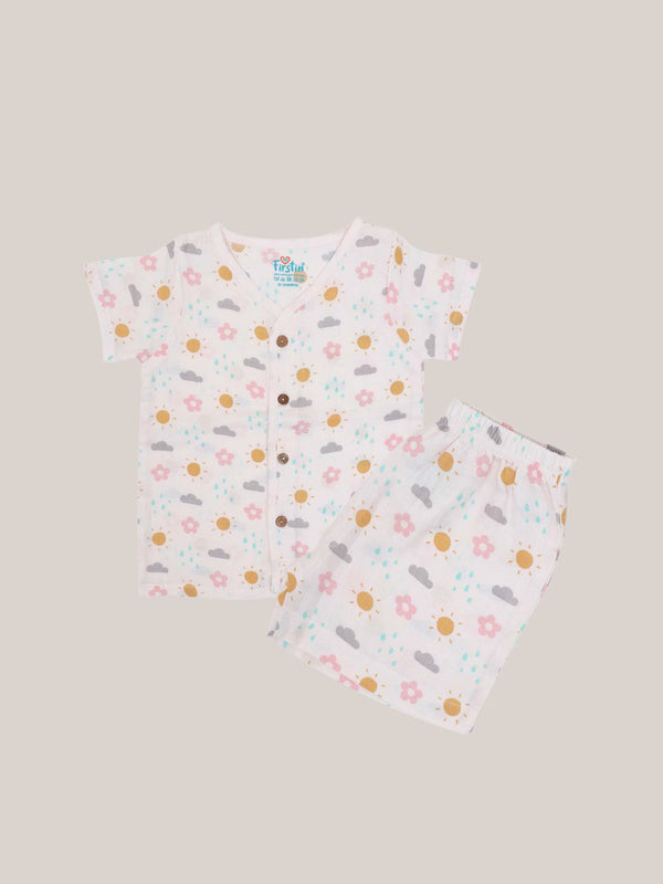 FIRSTIN Salsa Rose - Daisy Cloud Printed Muslin Jabla Shorts Set Half Sleeve