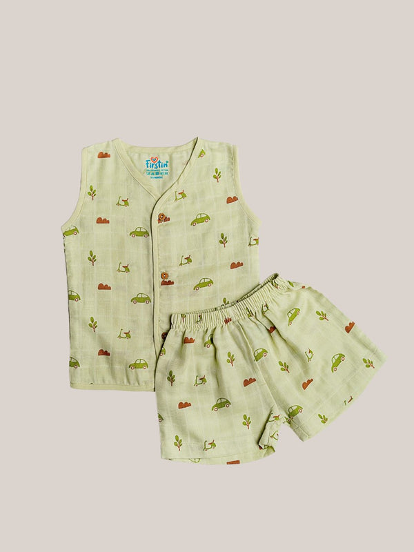 FIRSTIN Aloe Wash Vespa Muslin Jablas Shorts Set Sleeveless