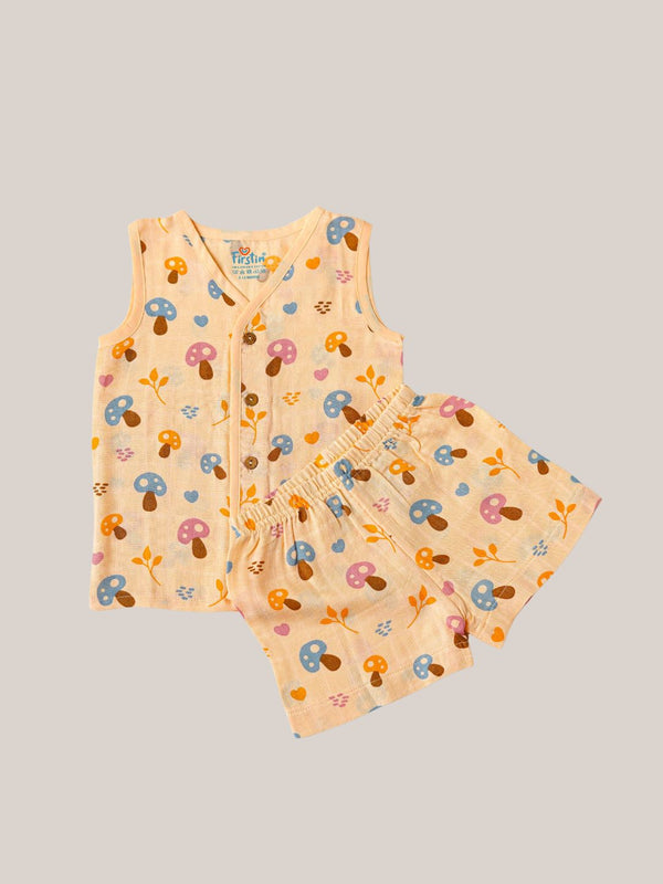 FIRSTIN Muslin Jabla-Shorts Set Sleeveless - Apricot Sherbet Mushies