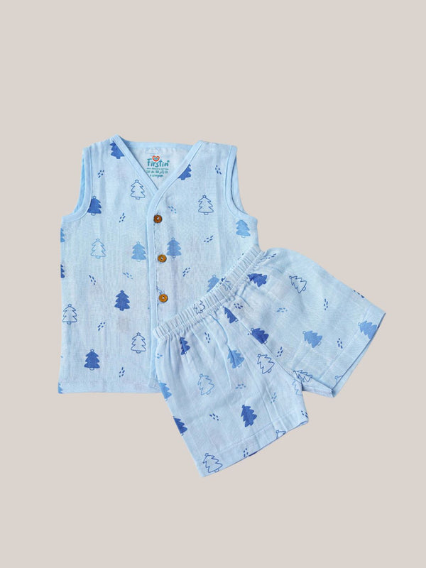 FIRSTIN Muslin Jabla-Shorts Set Sleeveless - Blue Fir Tree