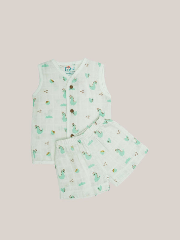 FIRSTIN Muslin Jabla-Shorts Set Sleeveless - Frost Dino Crown