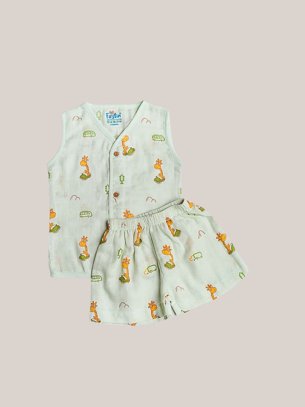 FIRSTIN Frost Joyous Giraffe Muslin Jablas Shorts Set Sleeveless