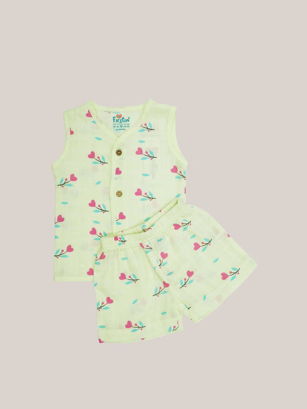 FIRSTIN Muslin Jabla-Shorts Set Sleeveless - Lime Cream Anthurium