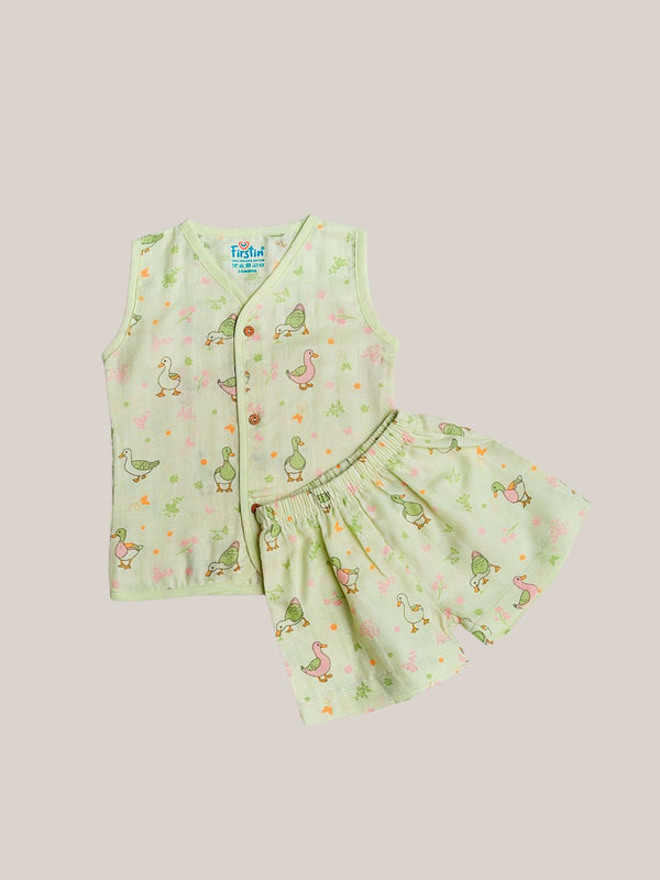 FIRSTIN Lime Cream Runner Duck Muslin Jablas Shorts Set Sleeveless