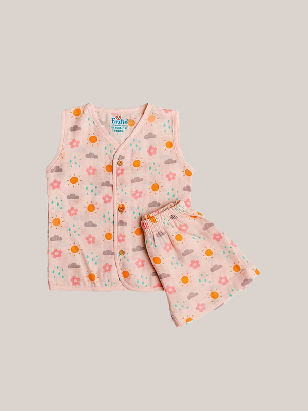 FIRSTIN Salsa Rose-Daisy Cloud Muslin Jablas Shorts Set Sleeveless