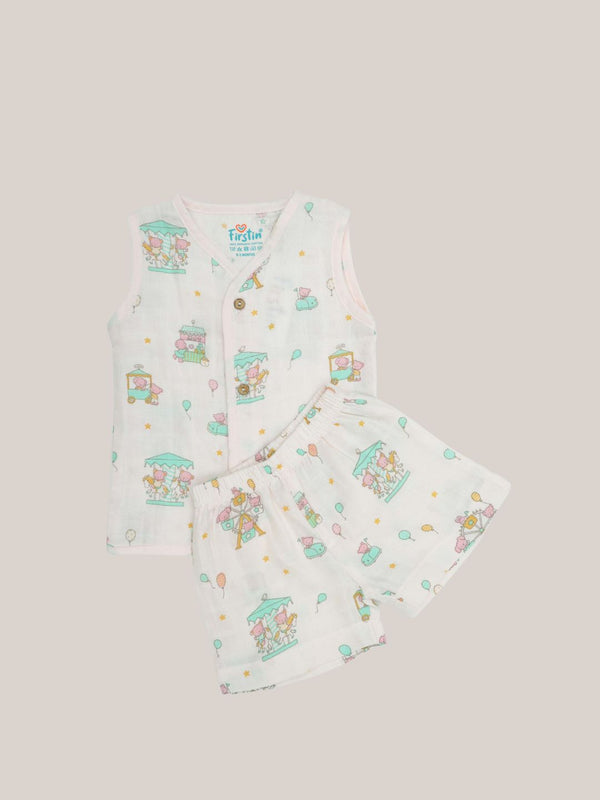 FIRSTIN Muslin Jabla-Shorts Set Sleeveless - Salsa Rose Ferris Wheel