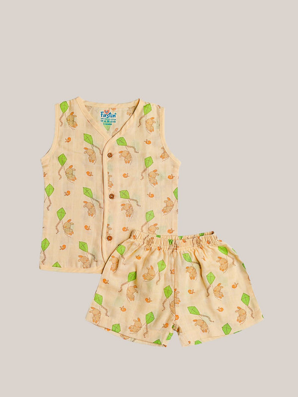 FIRSTIN Vannila Bunny Kite Muslin Jablas Shorts Set Sleeveless