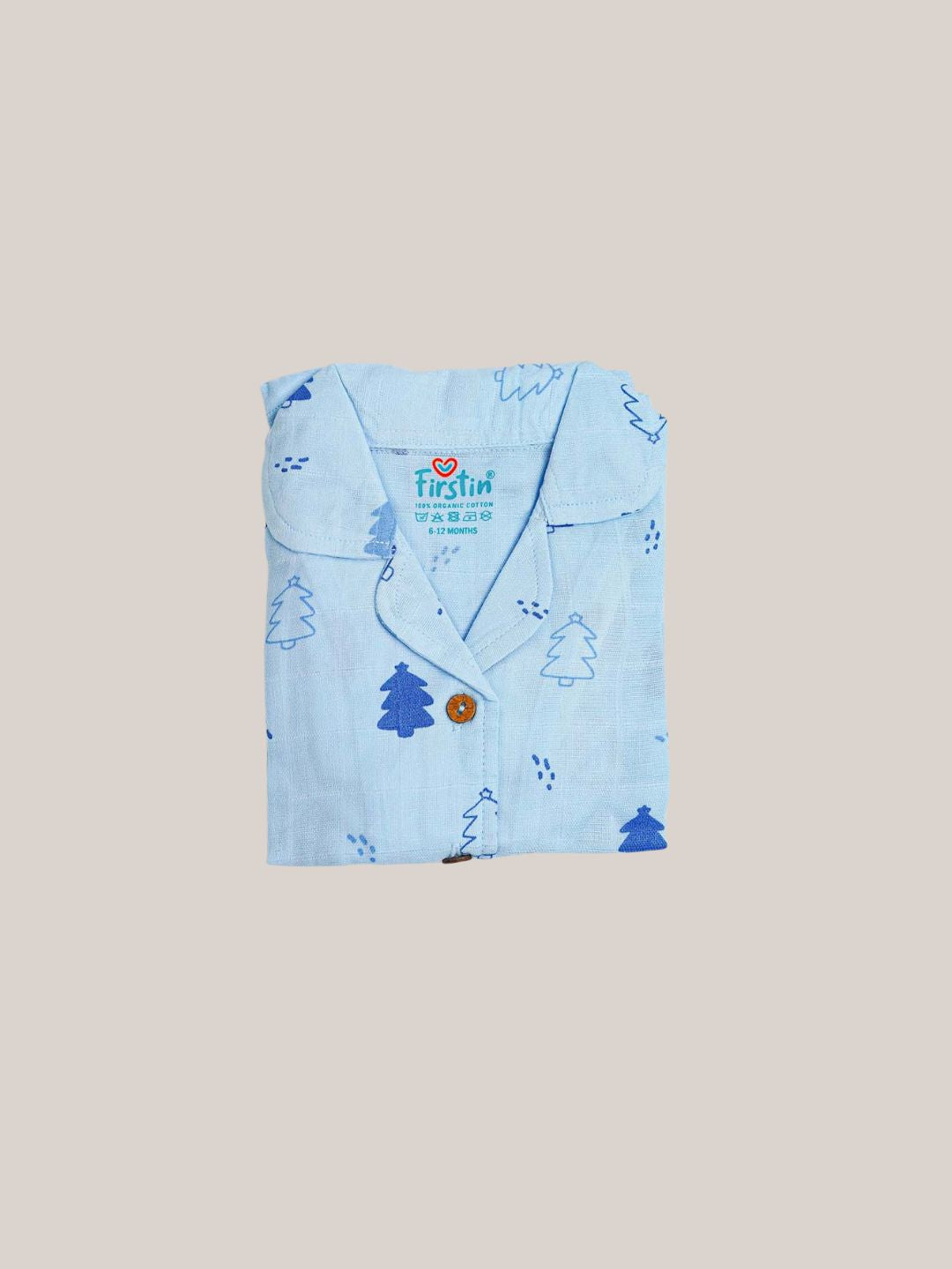 Blue Fir Tree Printed Muslin Night Suit Set
