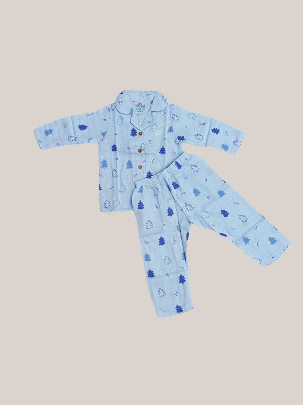 FIRSTIN Blue Fir Tree Printed Muslin Night Suit Set