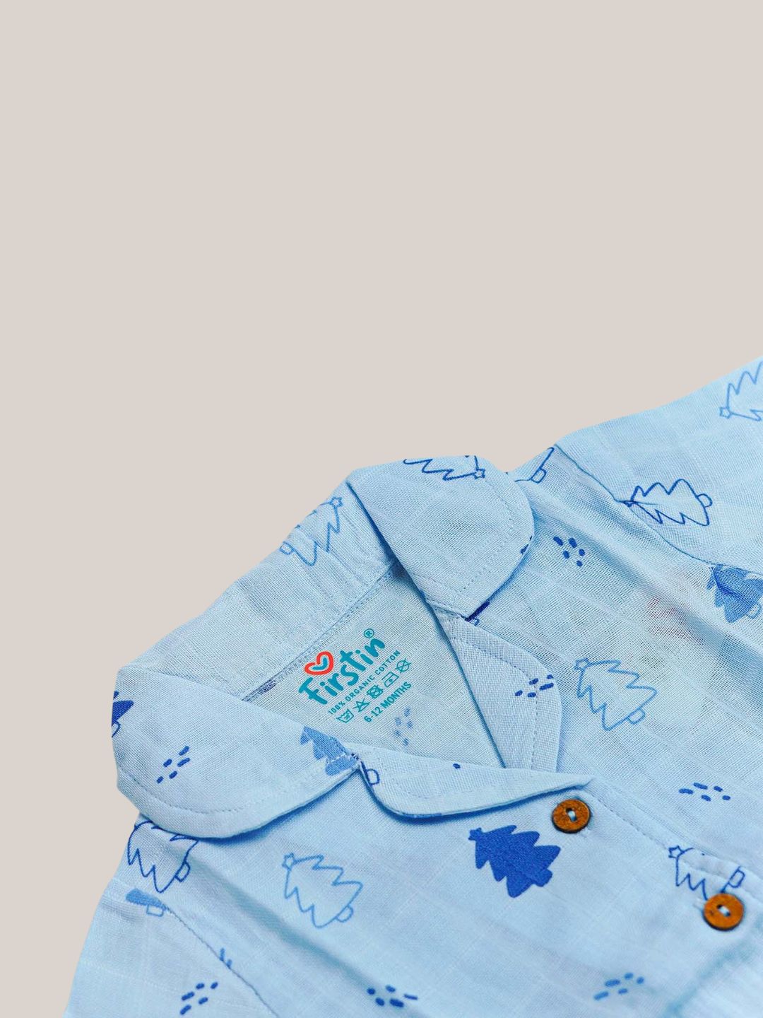 Blue Fir Tree Printed Muslin Night Suit Set