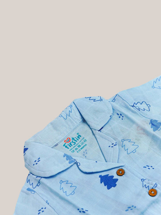 Blue Fir Tree Printed Muslin Night Suit Set
