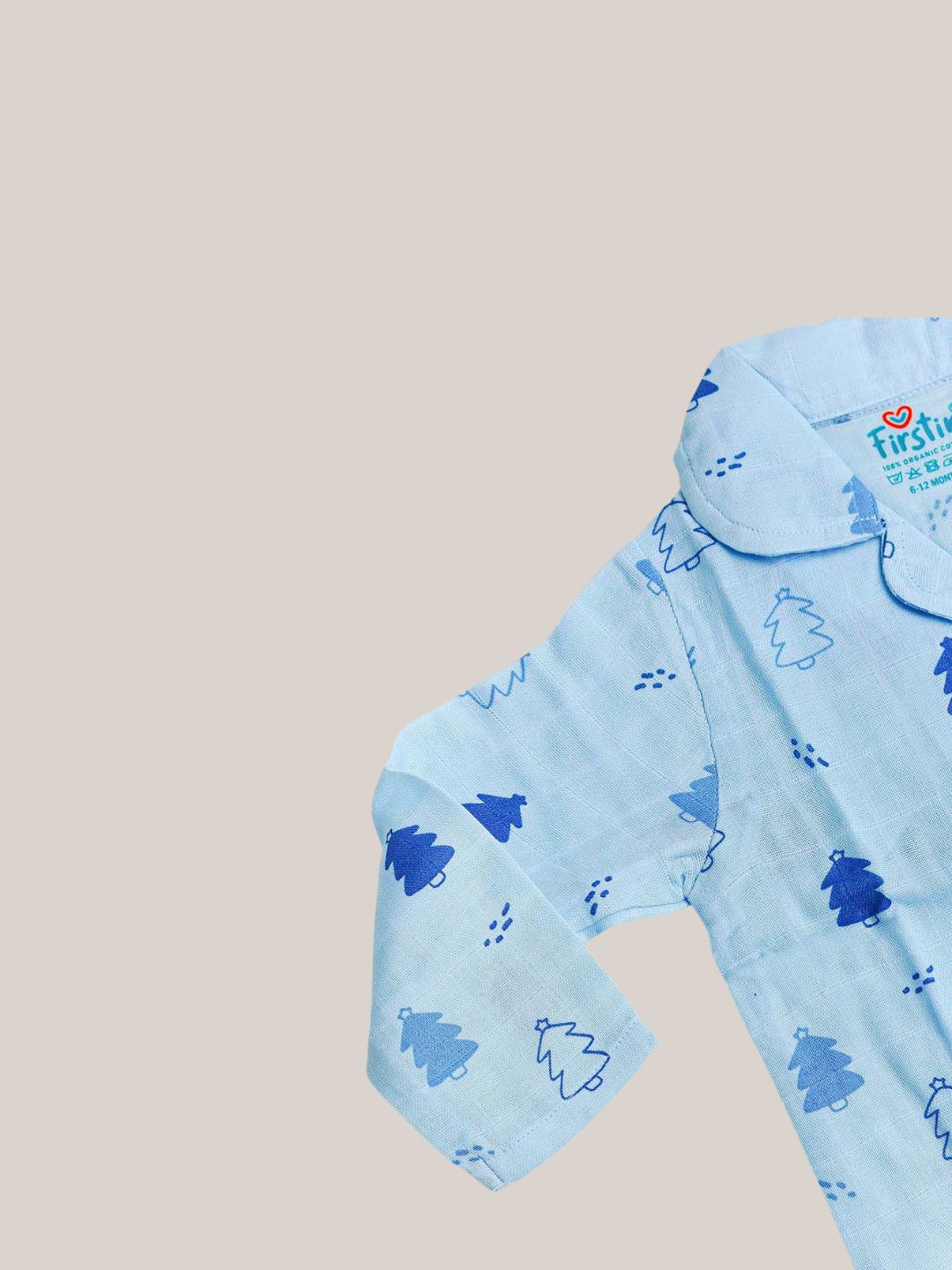 Blue Fir Tree Printed Muslin Night Suit Set