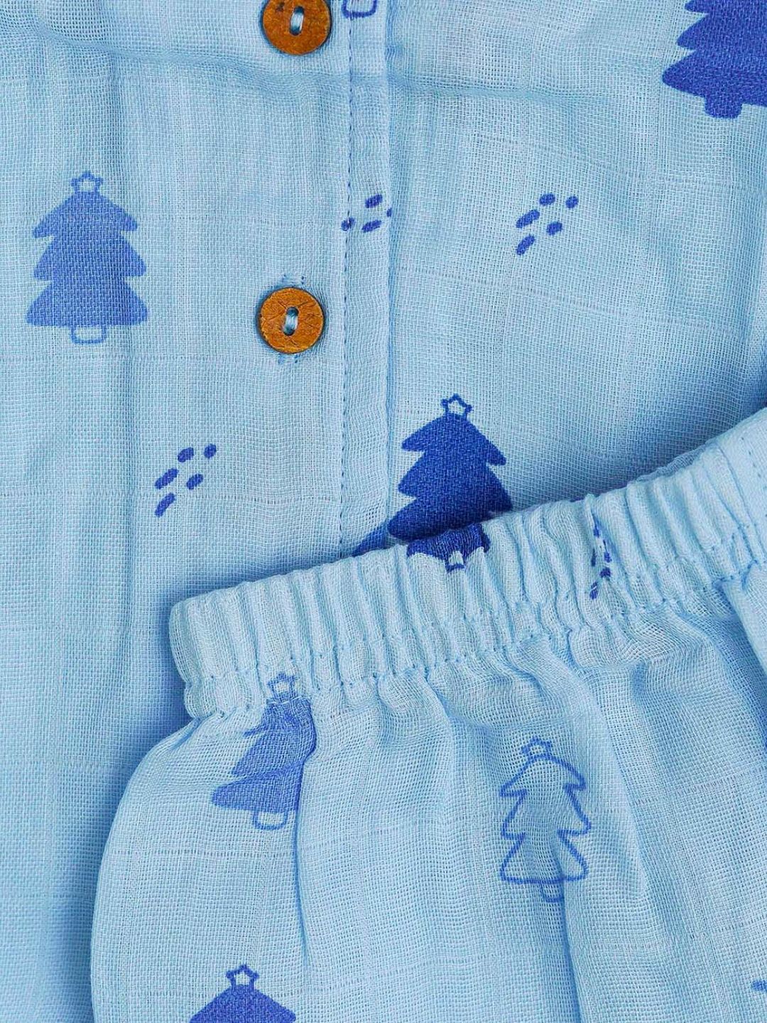 Blue Fir Tree Printed Muslin Night Suit Set
