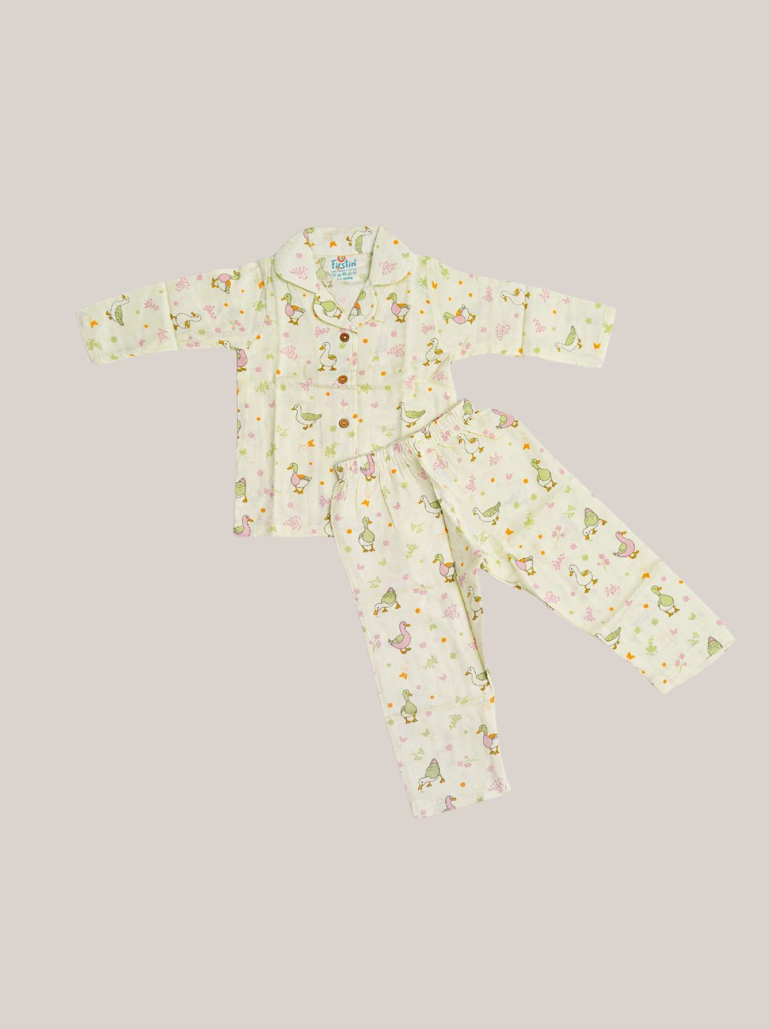 Lime Cream Runner Duck Printed Muslin Night Suit Set