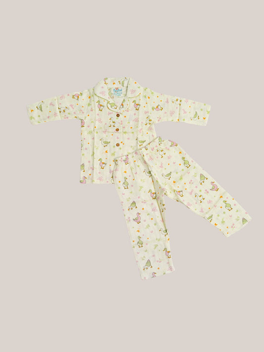 Lime Cream Runner Duck Printed Muslin Night Suit Set
