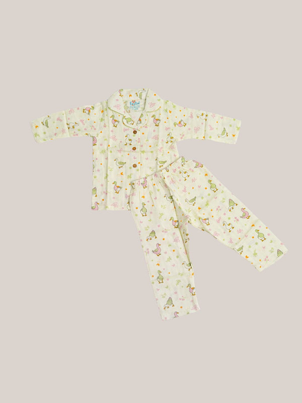 FIRSTIN Lime Cream Runner Duck Printed Muslin Night Suit Set