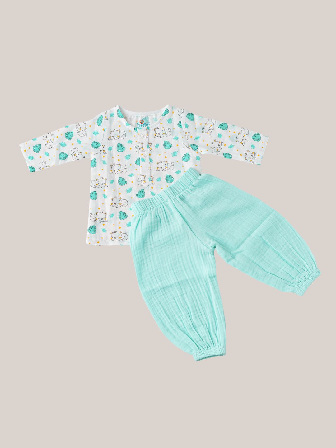 Muslin Pyjama Patiala Set - (W) Mint Sloth Bear