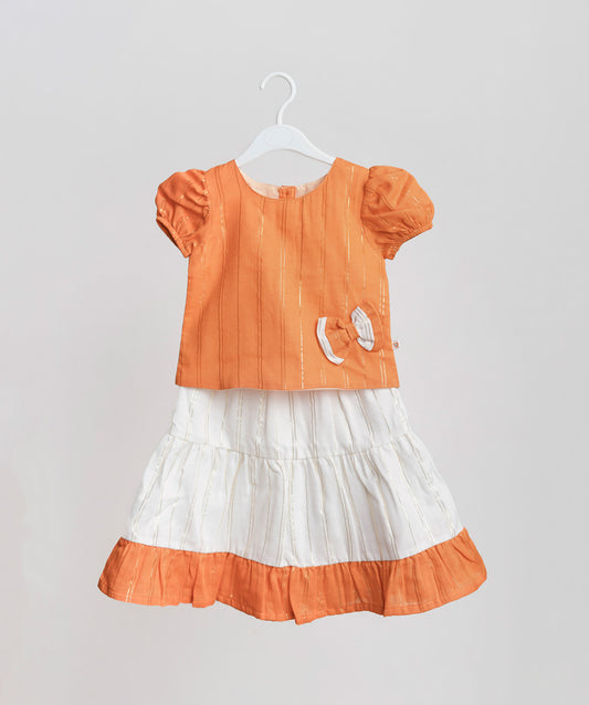 Ridhi Top With Skirt (Puff Sleeve) - Carrot Orange