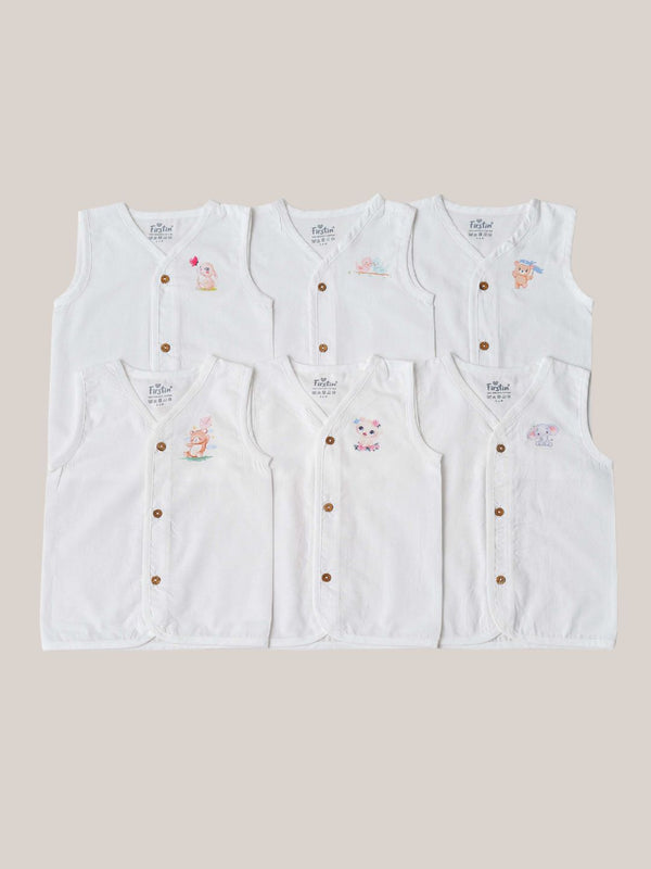 FIRSTIN Organic Cotton Jabla Sleeveless 6 Pcs Combo - White