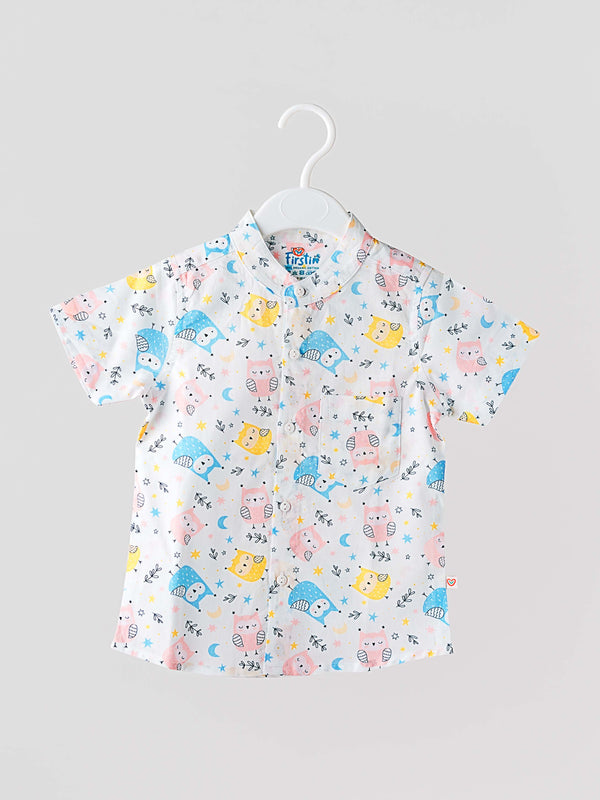 FIRSTIN Poplin Owl Chinese Collar Shirt Full Open