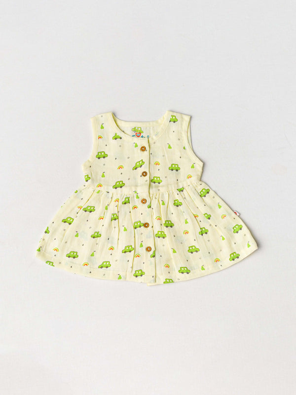 FIRSTIN Muslin Front Open Sleeveless Frock - Lt. Yellow Pears