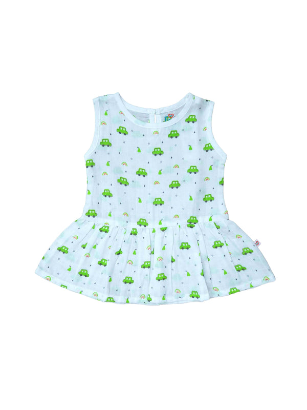 FIRSTIN Muslin Frock Back Button - White Base Pears