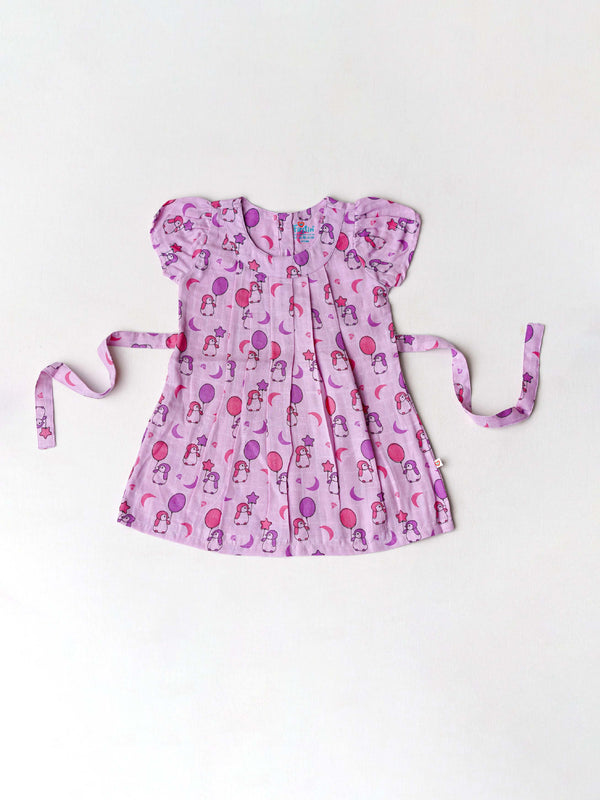 FIRSTIN Muslin Cap Sleeve Frock - Fragrant Lilac Penguin