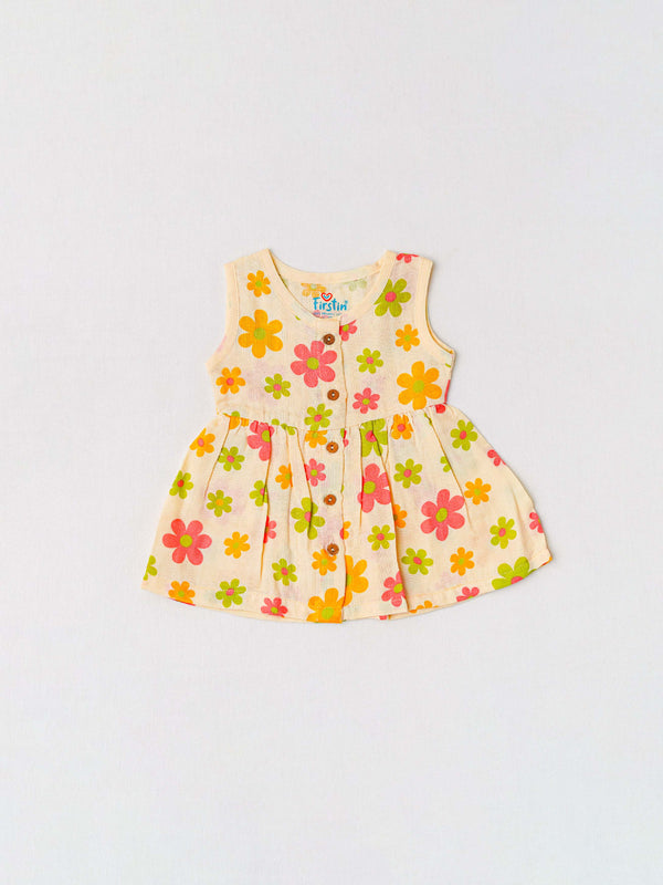 FIRSTIN Muslin Front Open Sleeveless Frock - Vanilla Petals