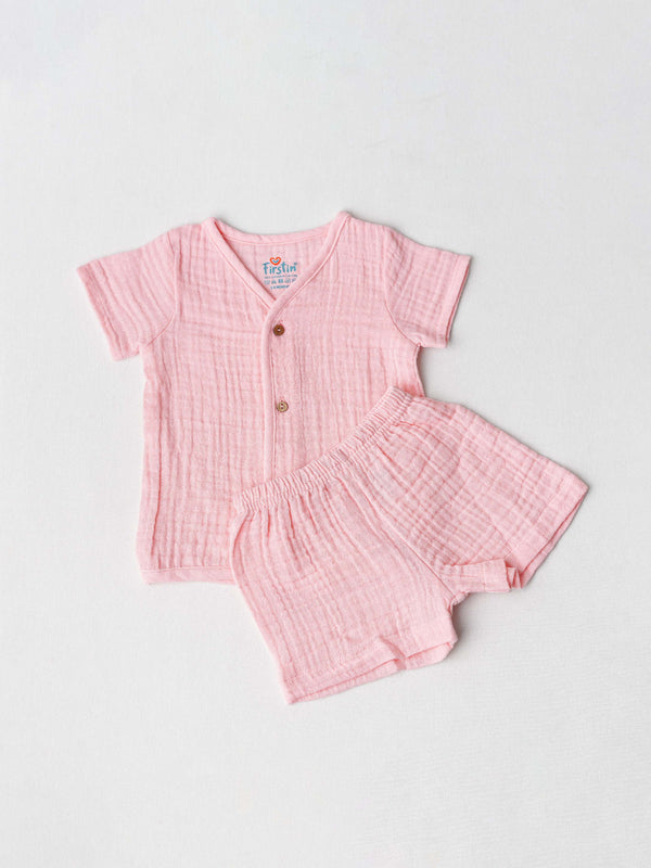 FIRSTIN Muslin Bubble Crinkle Jabla-Shorts Set (Loops) Half Sleeve - Flamingo Pink