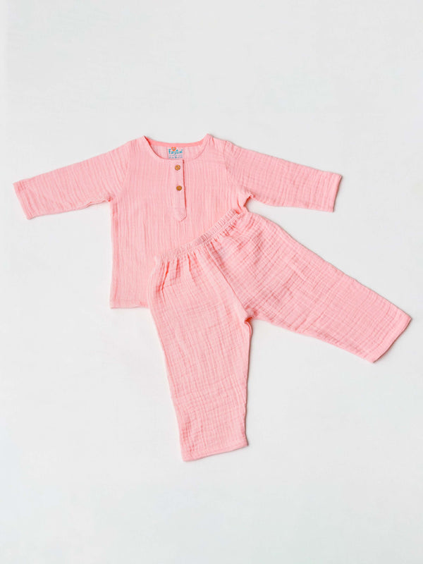 FIRSTIN Muslin Bubble Crinkle Pyjamas Set - Flamingo Pink
