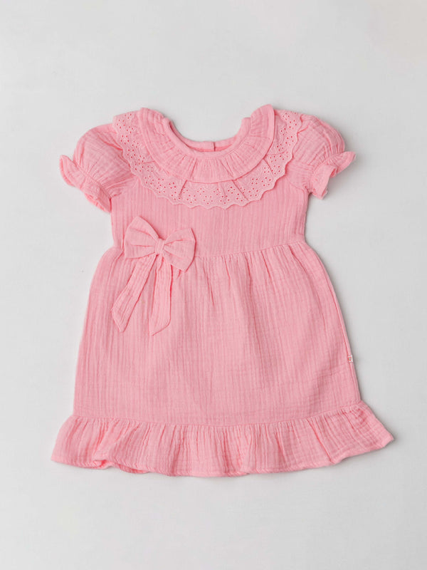 FIRSTIN Muslin Bubble Crinkle Frock (Frill Bow) - Flamingo Pink