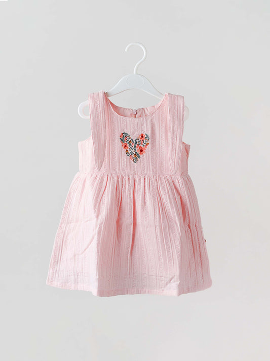 Seer Sucker Muslin Self Knotted Frock With Embroidery Lt. Pink