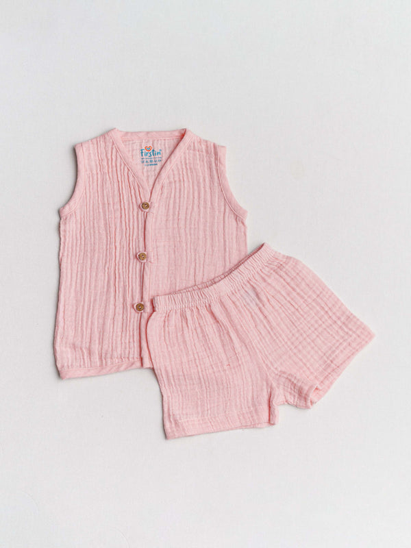 FIRSTIN Muslin Bubble Crinkle Jabla-Shorts Set (Loops) Sleeveless - Flamingo Pink